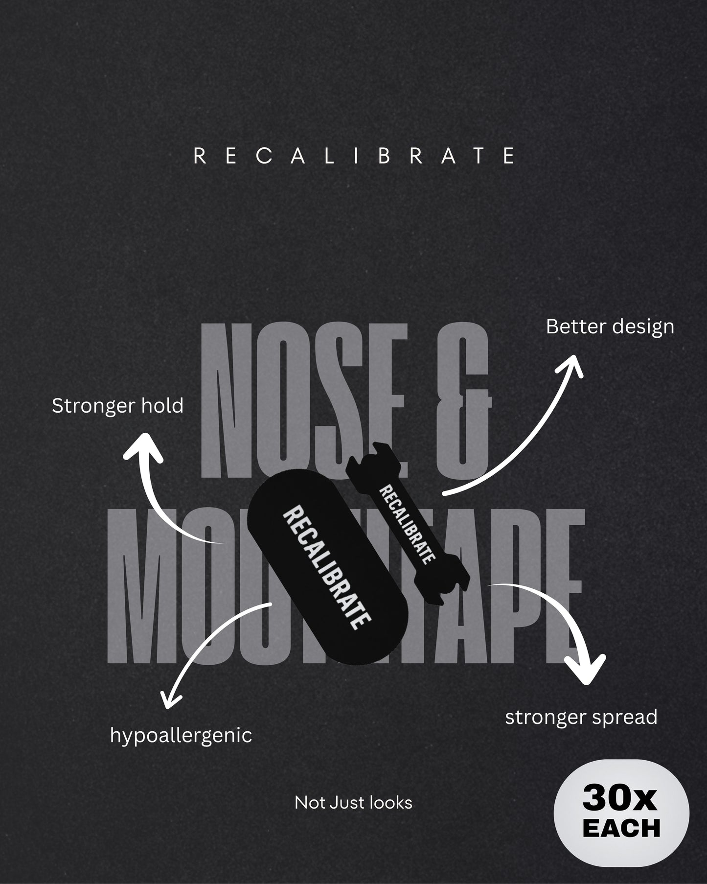 Product advertisement for 'Recalibrate' with text highlighting features on a dark background