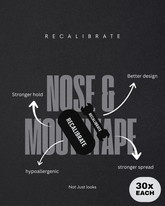 Product advertisement for 'Recalibrate' with text highlighting features on a dark background