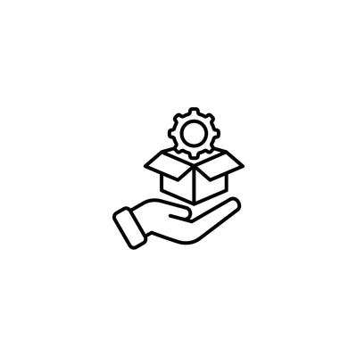 Black icon of a hand holding a box with a gear on a white background