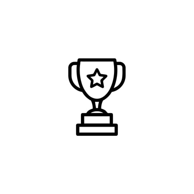 Black line drawing of a trophy with a star on a white background