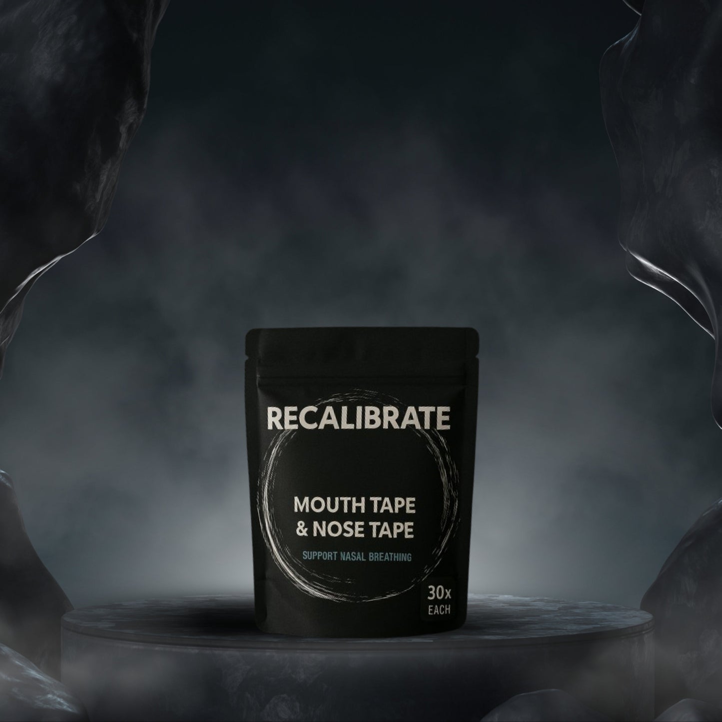 Black package of 'Recalibrate' mouth and nose tape on a dark background