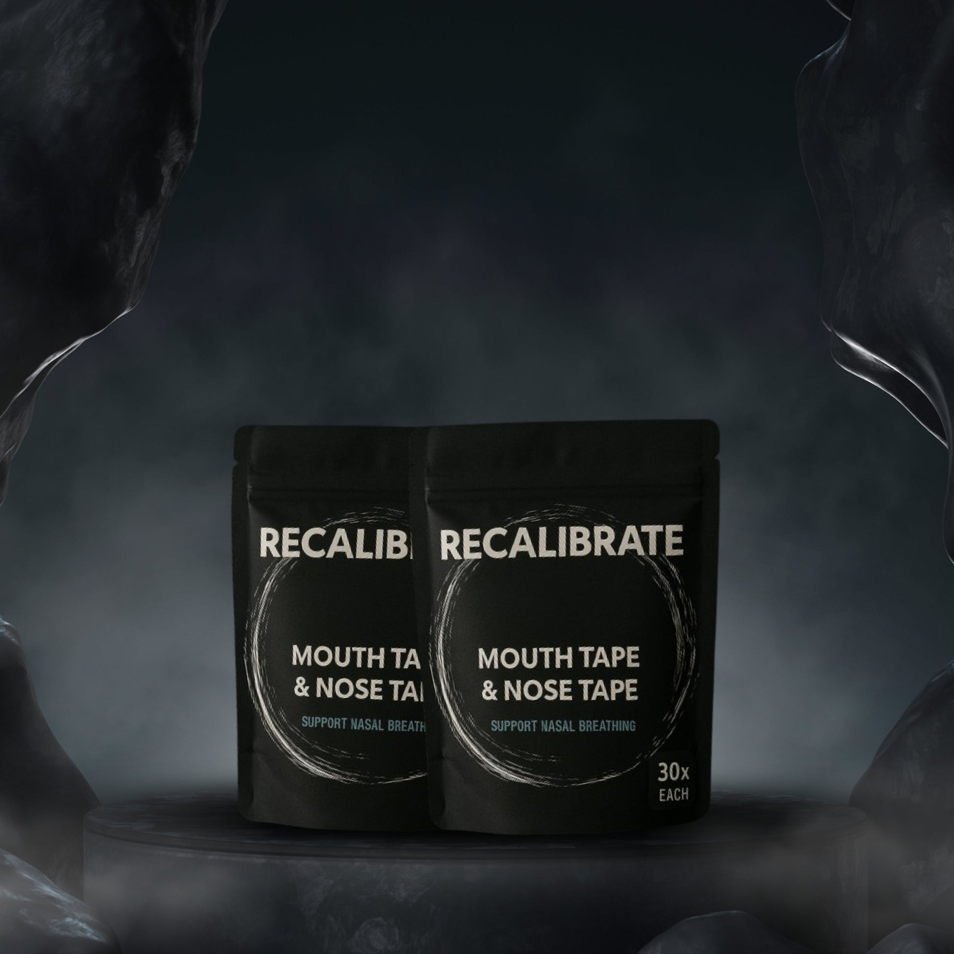 Two packages of Recalibrate Mouth Tape & Nose Tape on a dark background