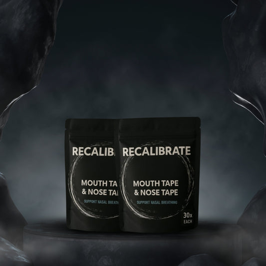 Two packages of Recalibrate Mouth Tape & Nose Tape on a dark background