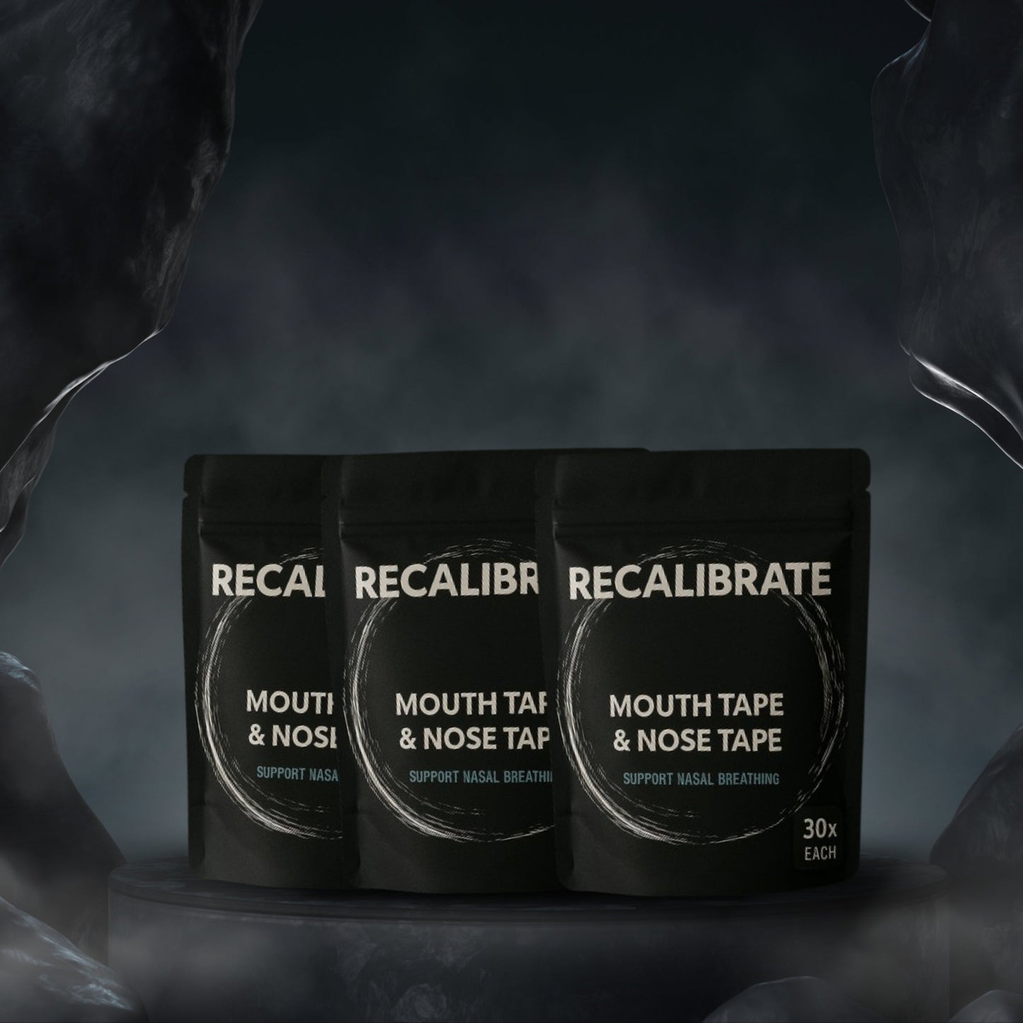 Three packages of Recalibrate Mouth Tape & Nose Tape on a dark background