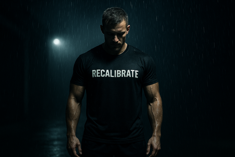 Man wearing a black t-shirt with 'RECALIBRATE' text in a dark, rain-soaked setting.