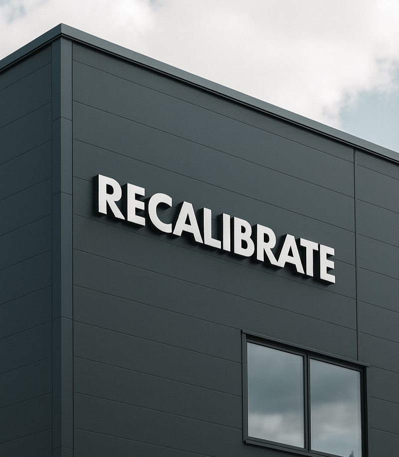 Building facade with 'RECALIBRATE' sign on a cloudy day