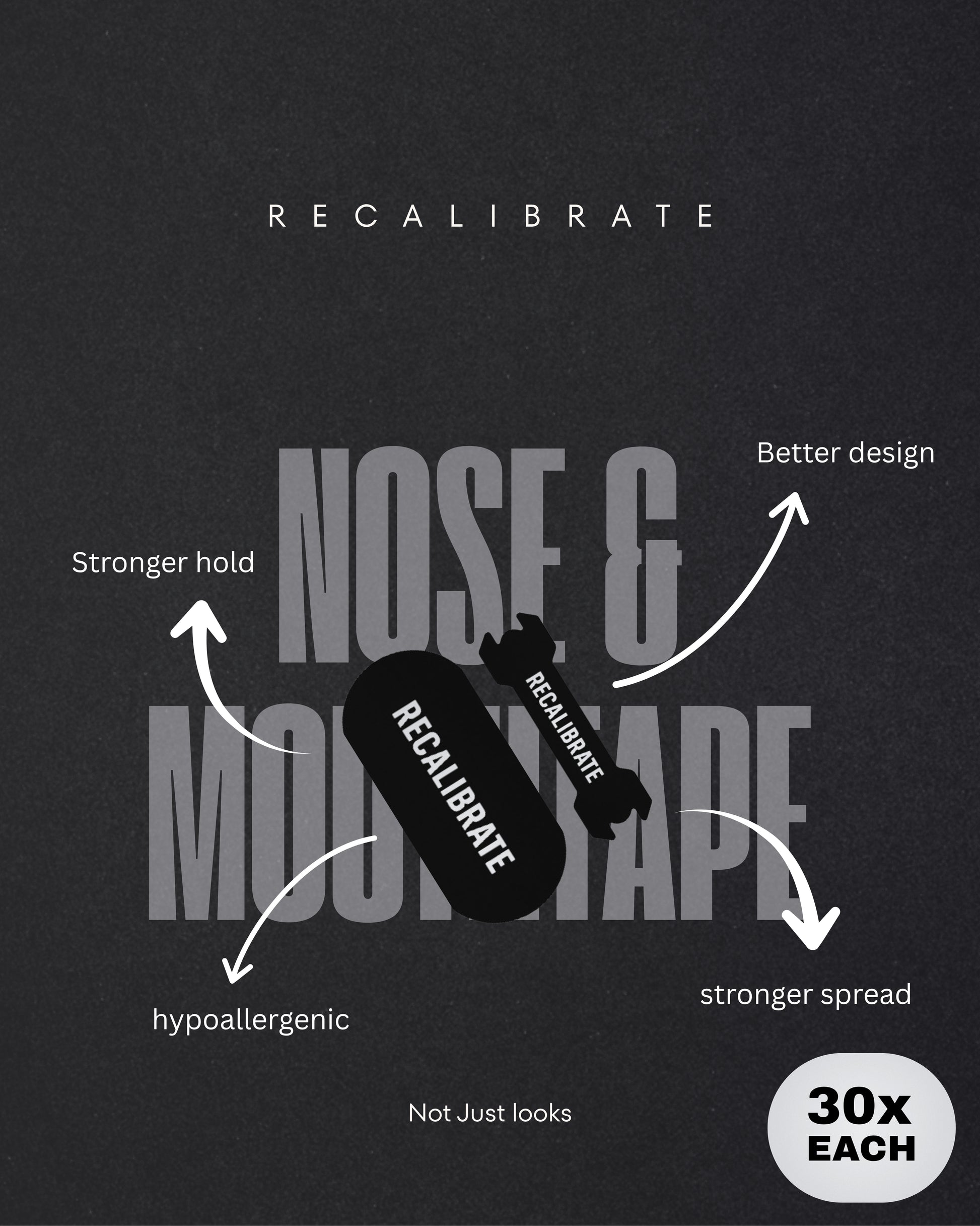 Product advertisement for 'Recalibrate' with text highlighting features on a dark background