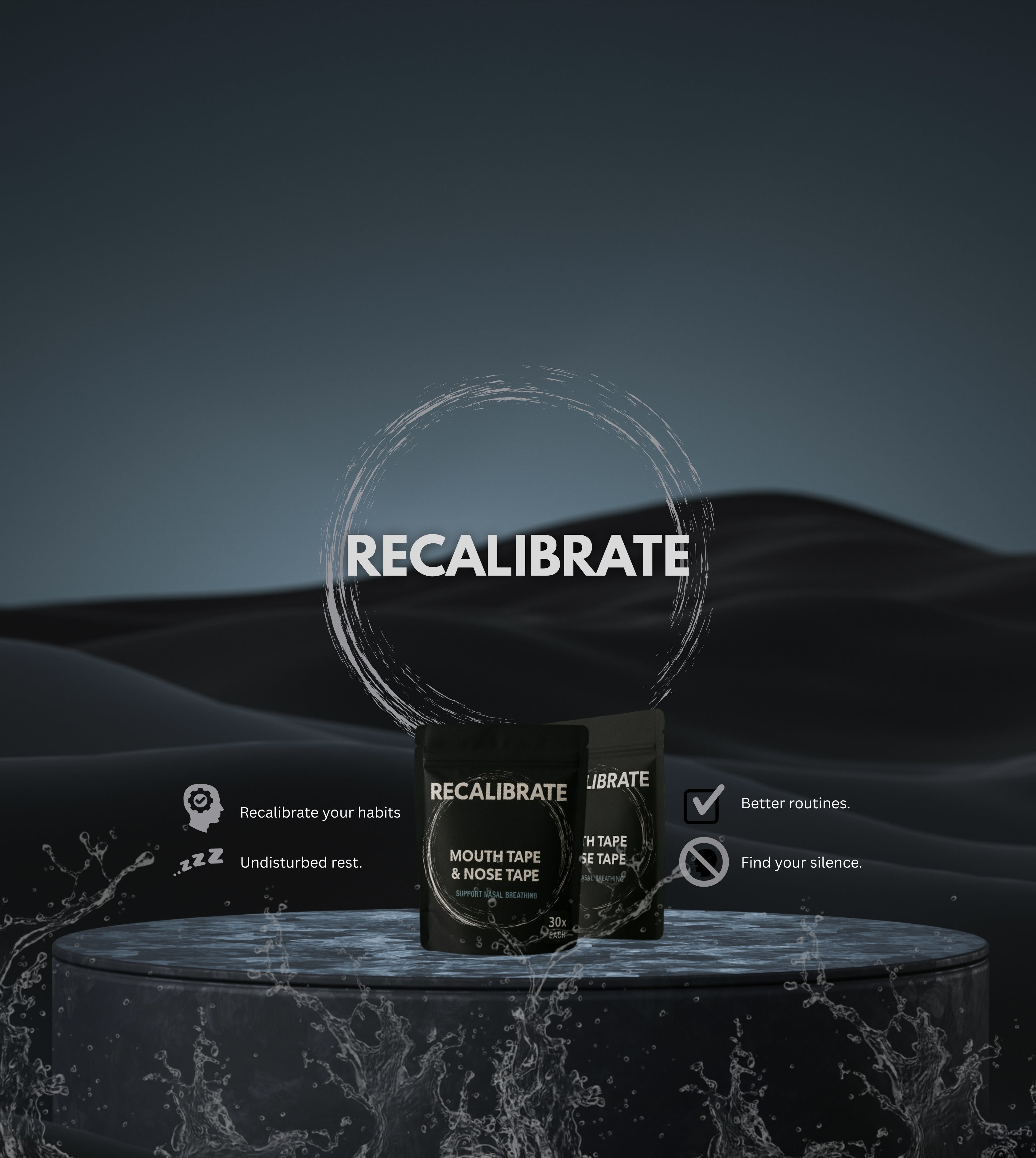 Two containers labeled 'Recalibrate' on a dark background with wavy patterns.